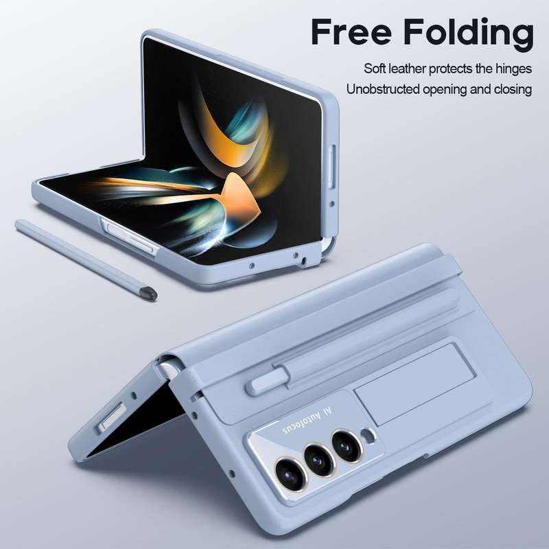 For Samsung Galaxy Z Fold4 PU + PC Full Coverage Phone Case with Pen/Pen Slots(Blue)