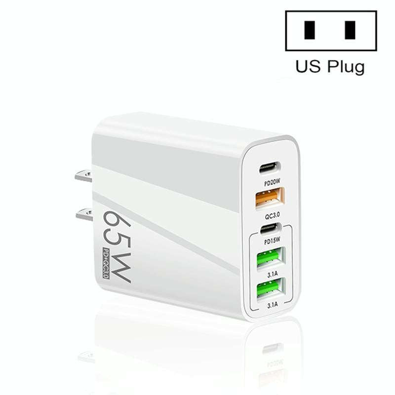 65W Dual PD Type-C + 3 x USB Multi Port Charger for Phone and Tablet PC, US Plug(White)