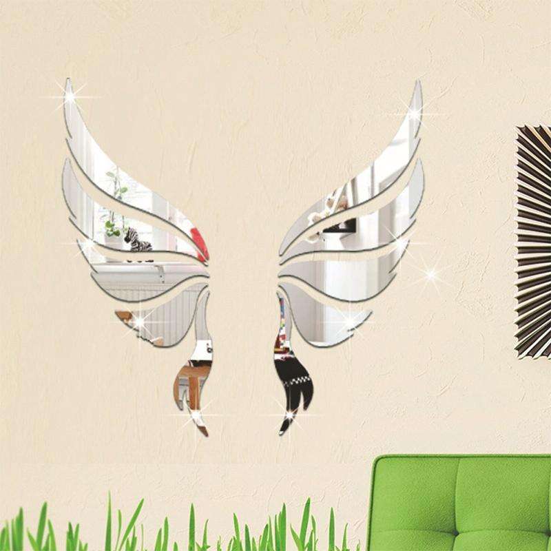 Crystal Three Dimensional Decorative Wall Stickers Angel Wings Bedroom Decorative Mirror(Silver)