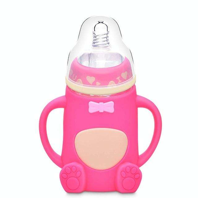 Baby Silicone Glass Bottles Drop-proof and Flatulence-proof Glass Baby Bottle(Style 2 Rose Red)