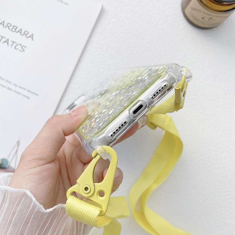 For iPhone 15 Gradient Glitter Epoxy TPU Thickened Acrylic Phone Case with Wide Lanyard(Purple)