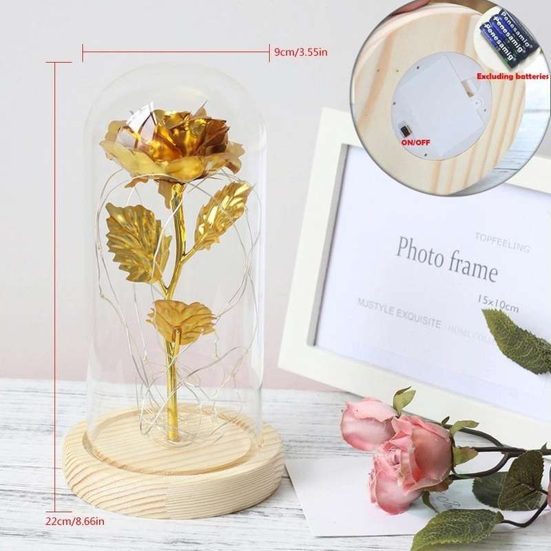 Simulation Roses Lights Glass Cover Decorations Crafts Valentines Day Gifts(Bright Color)