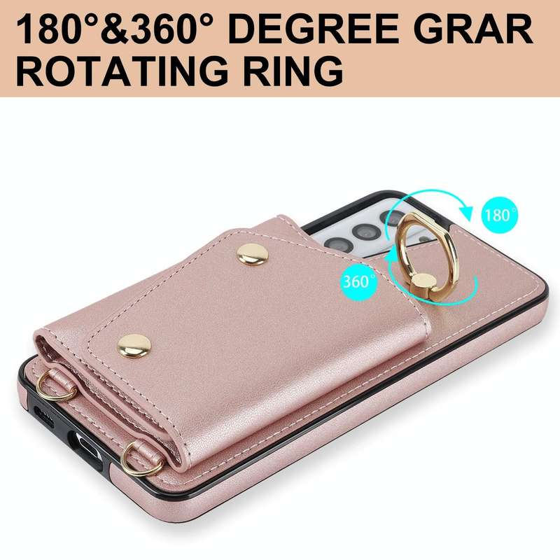 For Samsung Galaxy S21 5G Zipper Card Bag Phone Case with Dual Lanyard(Rose Gold)