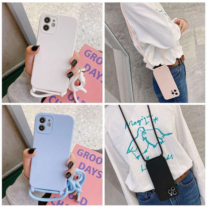 For iPhone 12 Crossbody Lanyard Liquid Silicone Case(Midnight Blue)