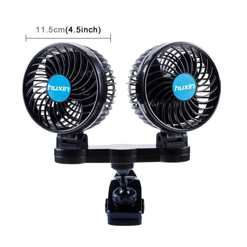 HUXIN HX-T605E 7W 360 Degree Adjustable Rotation Clip Two Head Low Noise Mini Electric Car Fan wi...