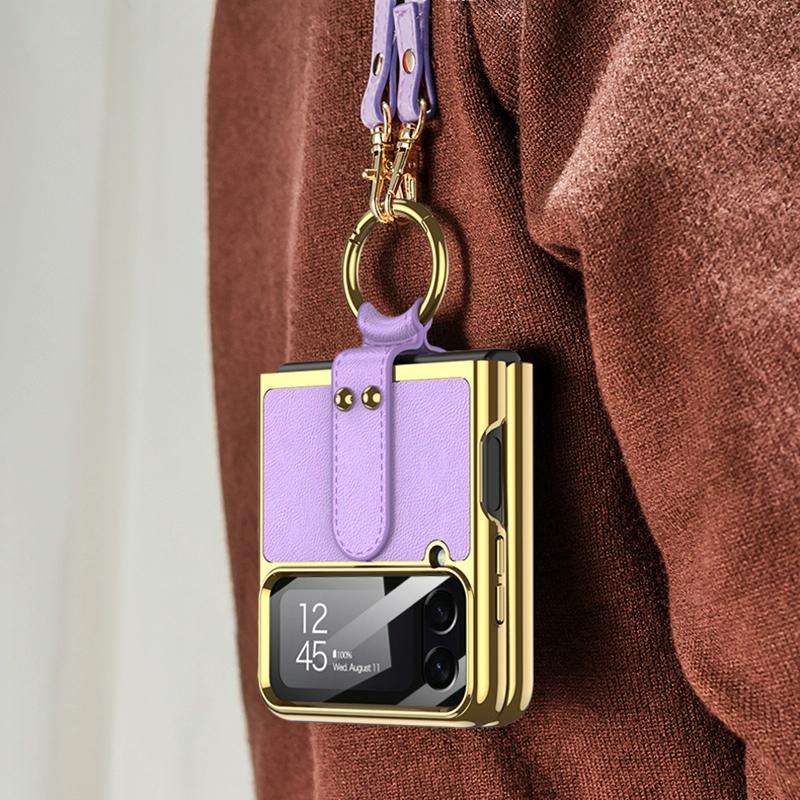 For Samsung Galaxy Z Flip4 GKK Plating + Leather Phone Case with Ring & Strap(Gold)