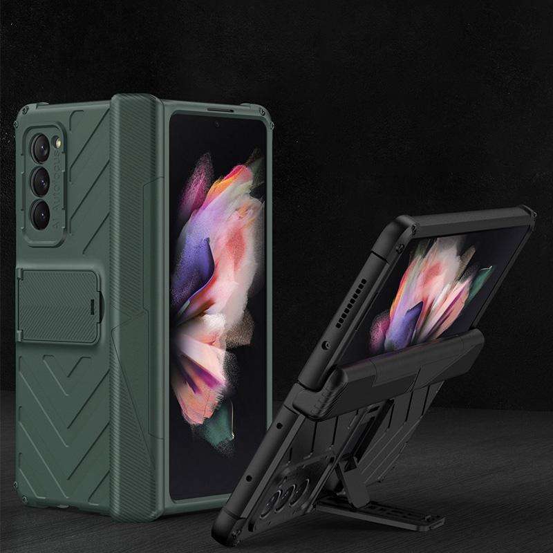 For Samsung Galaxy Z Fold2 5G GKK Integrated Magnetic Armor Flip Phone Case with Holder(Dark Green)