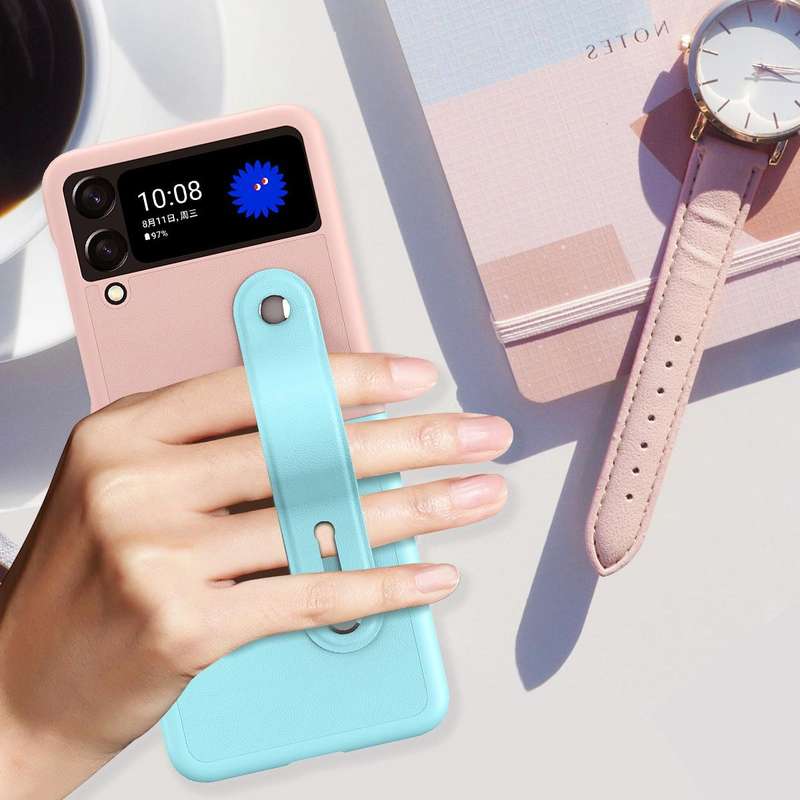 For Samsung Galaxy Z Flip3 5G Skin Contrast Wristband Folding Phone Case(Dark Blue and Black)