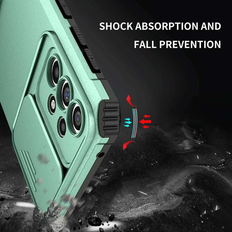 For Samsung Galaxy A33 5G Stereoscopic Holder Sliding Camshield Phone Case(Light Blue)