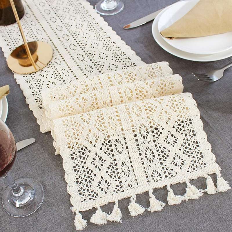 Tassel Lace Floral Romance Retro Crochet Hollow Cotton Blend Table Runner Covers, Size:24x160cm(Y...