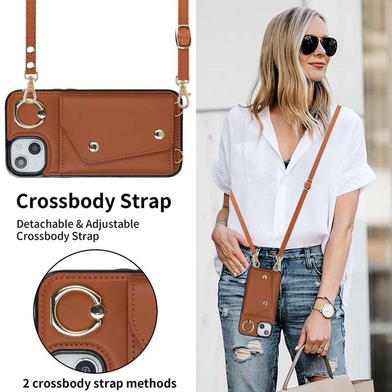 For iPhone 14 Zipper Card Bag Phone Case with Dual Lanyard(Brown)