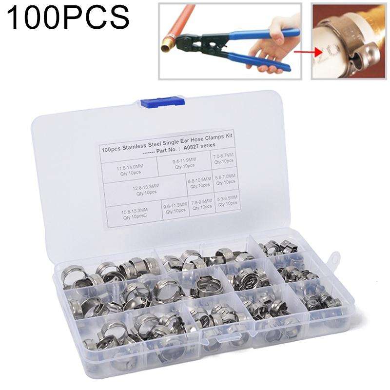 100 PCS Adjustable Single Ear Plus Stainless Steel Hydraulic Hose Clamps O-Clips Pipe Fuel Air, I...