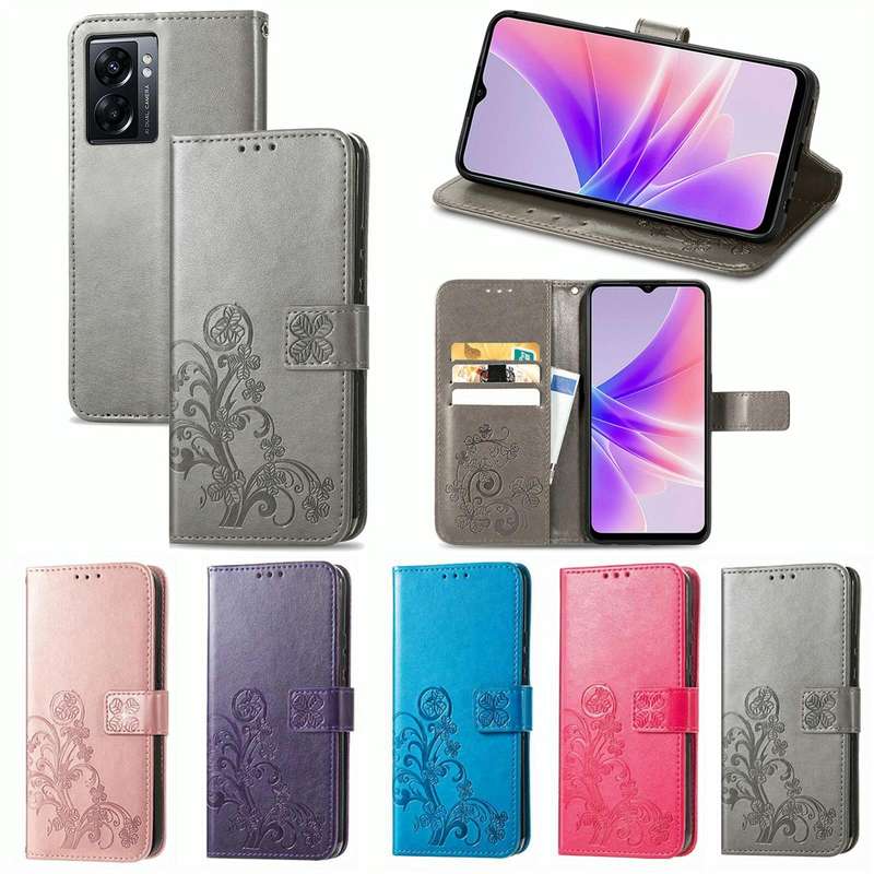 For OPPO A77 Four-leaf Clasp Embossed Buckle Leather Phone Case(Purple)