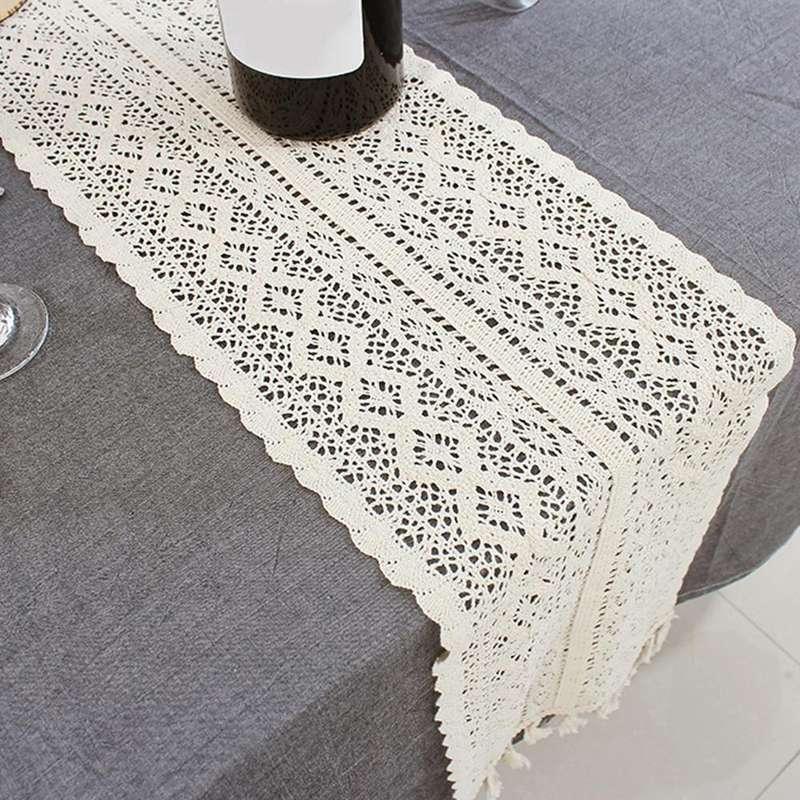 Tassel Lace Floral Romance Retro Crochet Hollow Cotton Blend Table Runner Covers, Size:24x180cm(Y...