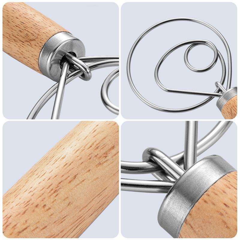 2 PCS 13 Inch Oak Handle Flour Mixer Dough Stainless Steel Mixing Rod Coil Whisk Double Circle Ag...