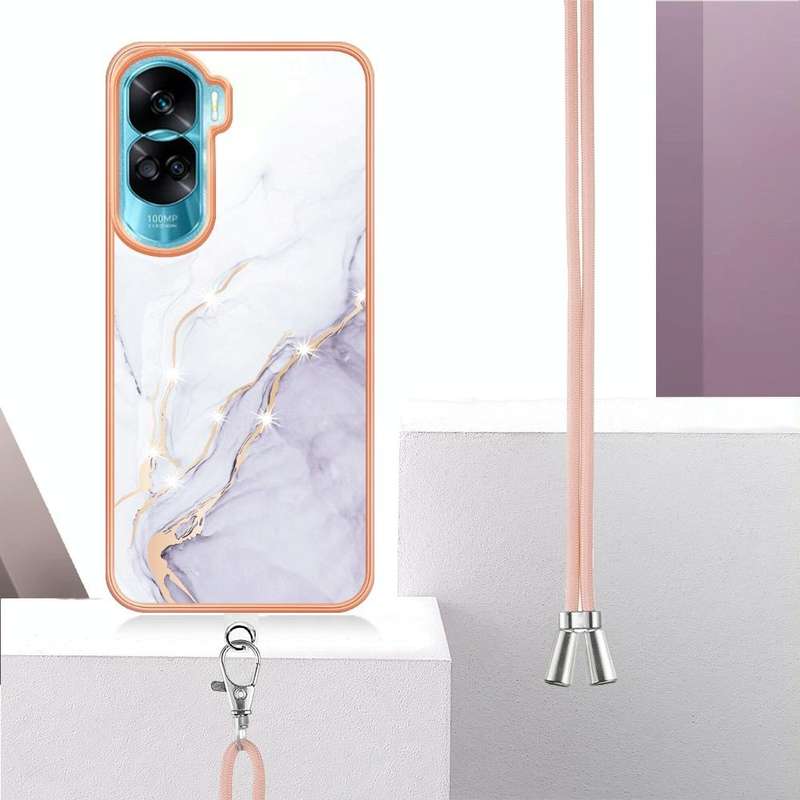 For Honor 90 Lite 5G Electroplating Marble Dual-side IMD Phone Case with Lanyard(White 006)