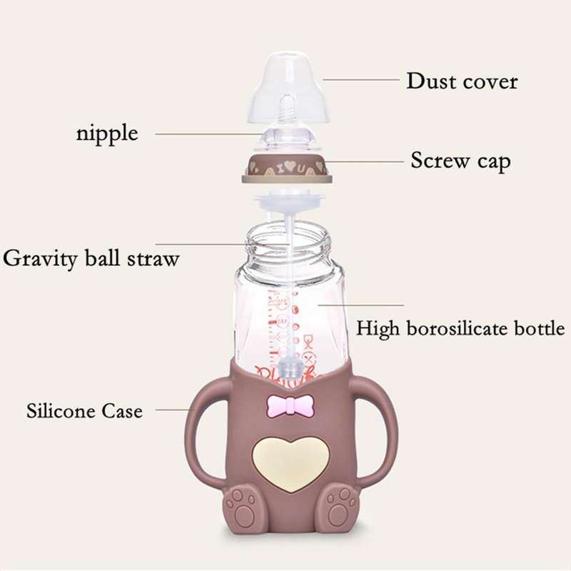 Baby Silicone Glass Bottles Drop-proof and Flatulence-proof Glass Baby Bottle(Style 2 Pink)