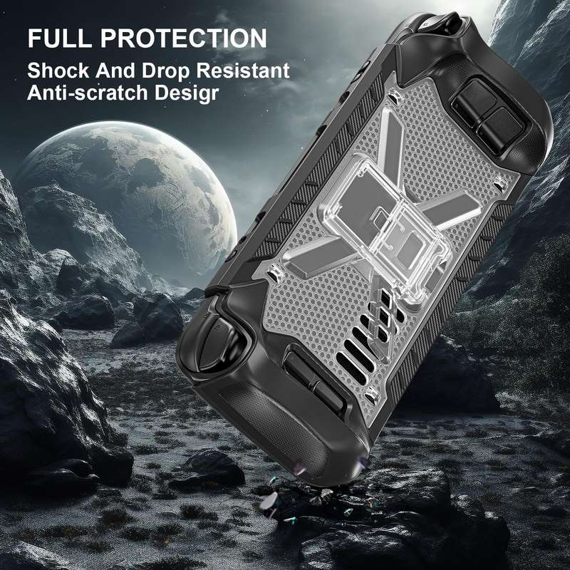 For Steam Deck Shockproof Game Console Case with Holder & Shoulder Strap(Black+Transparent)