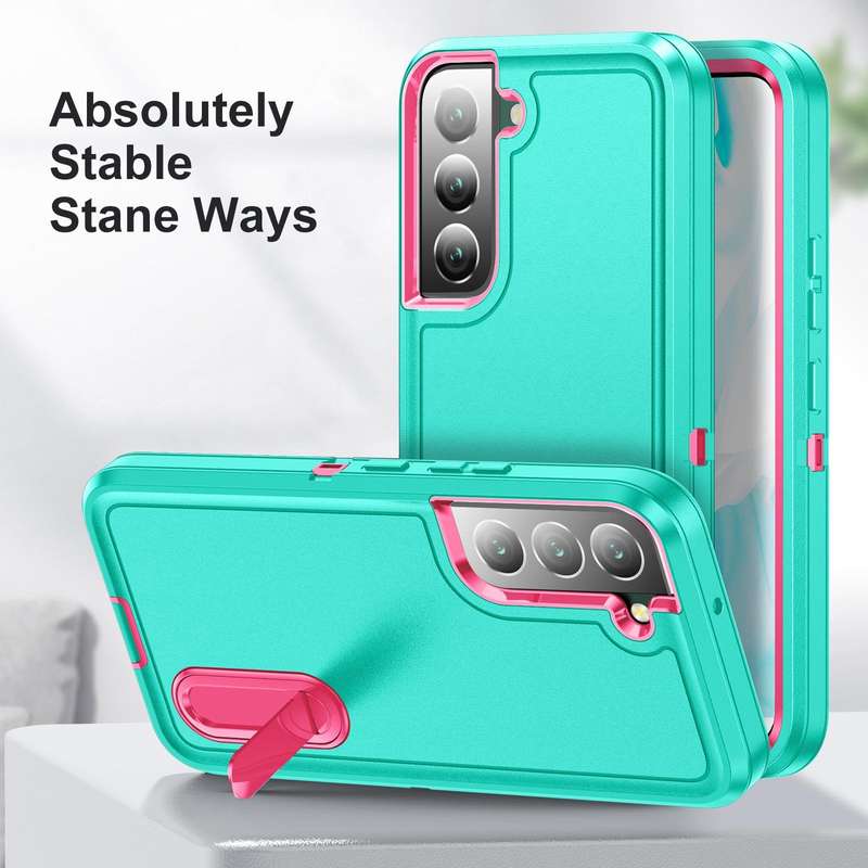 For Samsung Galaxy S22 5G 3 in 1 Rugged Holder Phone Case(Blue+Pink)