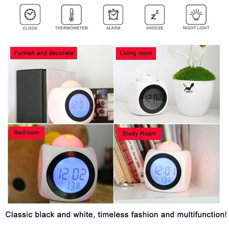 Multi-function LED Projection Alarm Clock Voice Talking Clock, Specification:White without USB cable