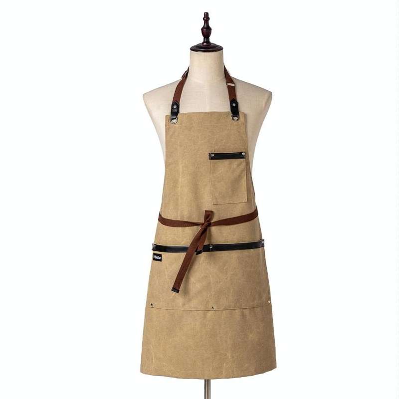 Washed Canvas Apron Chef Cafe Shop BBQ Hairdresser Aprons(Khaki)