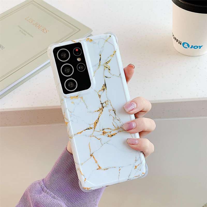 For Samsung Galaxy S21 Plus 5G Four Corners Anti-Shattering Flow Gold Marble IMD Phone Back Cover...