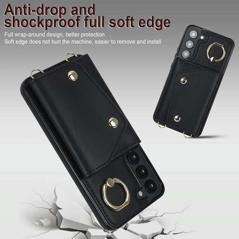 For Samsung Galaxy S22+ 5G Zipper Card Bag Phone Case with Dual Lanyard(Black)