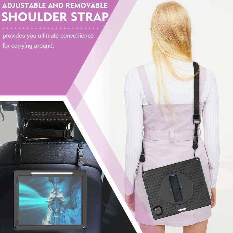 For iPad Pro 12.9 inch 2019 / 2021 / 2022 360 Rotation Stand EVA Hard PC Tablet Case with Strap(B...
