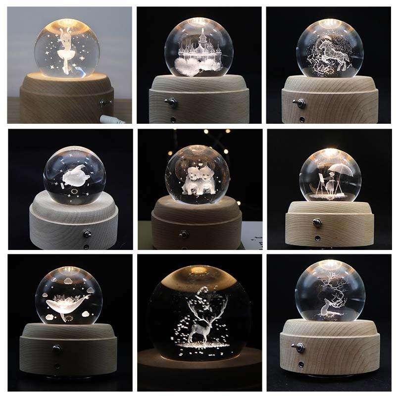 Girl Bedside Lamp Crystal Ball Wooden Base Music Box Charging Glow Rotating Night Light, Random M...