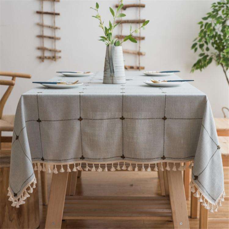 Square Lattice Embroidered Tablecloth Pure Color Cotton Linen Tassel Rectangular Coffee Table Mat...