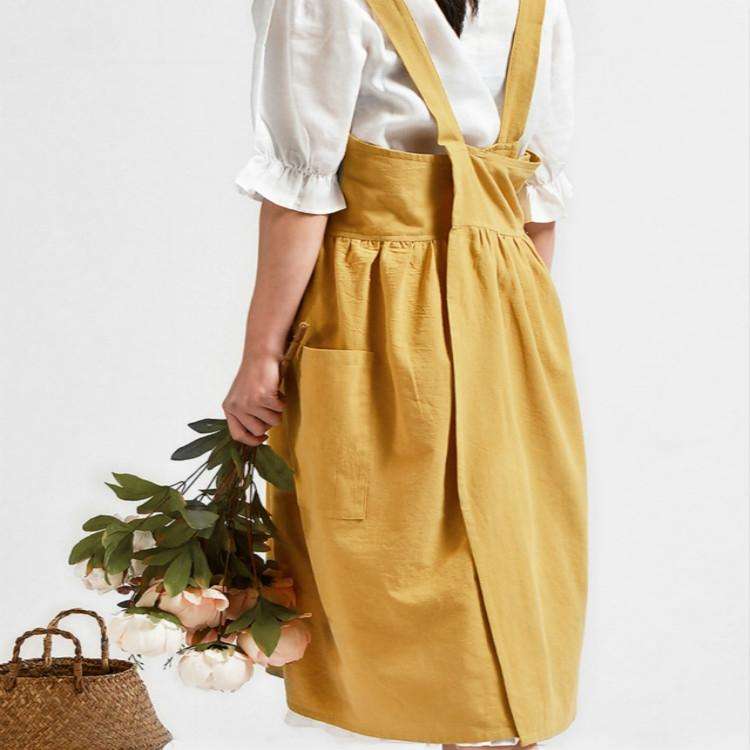 High Waist Cotton Linen Solid Color Apron(Almond)