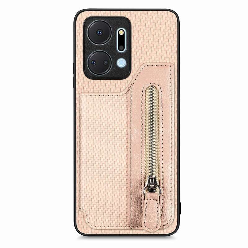 For Honor X7A Carbon Fiber Horizontal Flip Zipper Wallet Phone Case(Khaki)