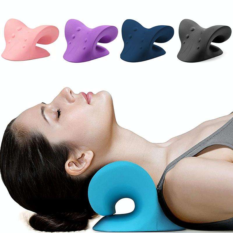 Neck Shoulder Stretcher Relaxer Cervical Chiropractic Traction Device Pillow (Dark Blue)