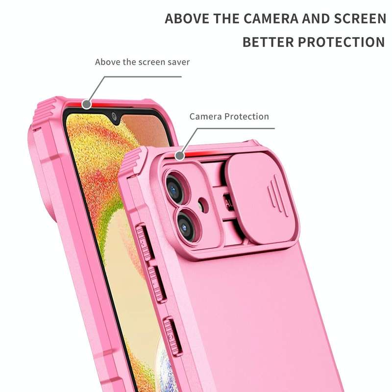 For Samsung Galaxy A04 4G Stereoscopic Holder Sliding Camshield Phone Case(Pink)