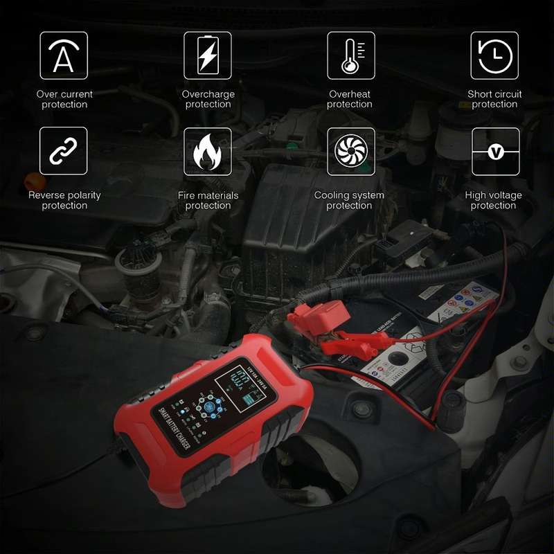 FOXSUR 10A 12V 7-segment Motorcycle / Car Smart Battery Charger, Plug Type:EU Plug(Red)