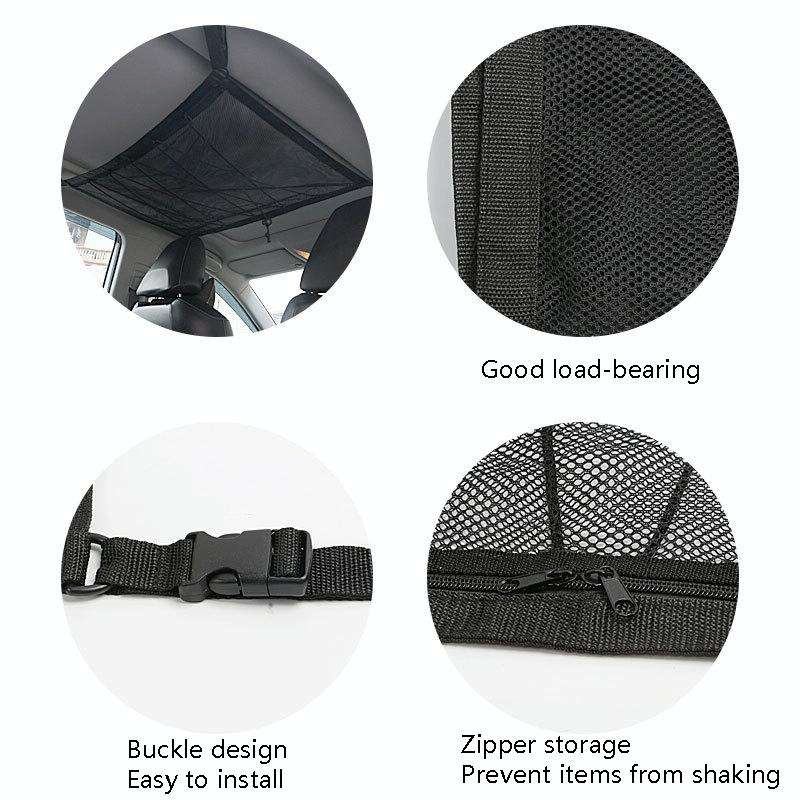 Car Ceiling Storage Net Bag Draw Rope Double-Layer Zipper Car Storage Net Pocket(80x55cm)