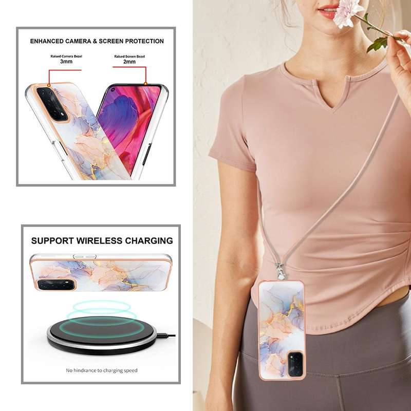 For OPPO A74 5G / A93 5G Electroplating IMD TPU Phone Case with Lanyard(White Marble)