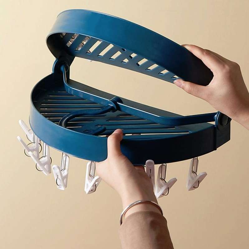 Sock Clip Round Drying Rack Folding Plastic Long Clothespin(Blue)