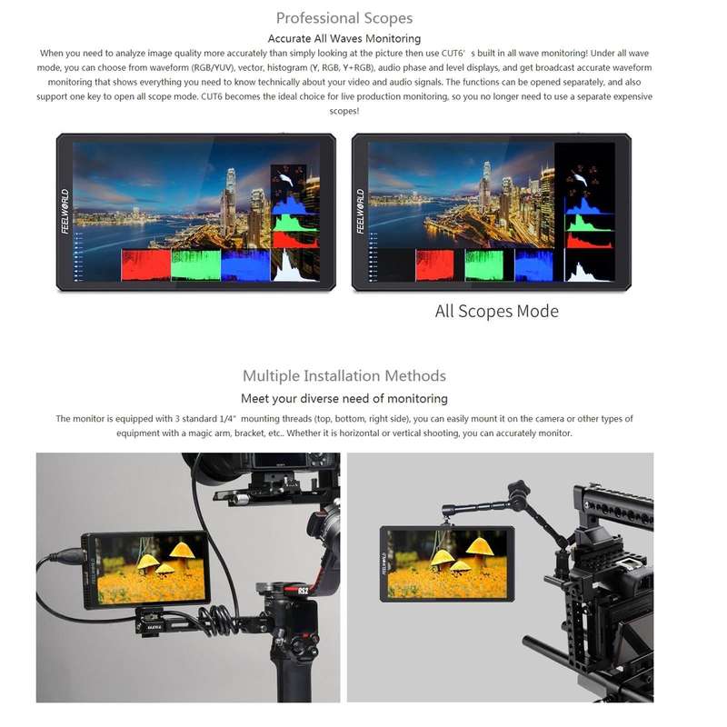 FEELWORLD CUT6 6-inch Touch Screen Monitor Recorder FHD IPS 4K HDMI Camera Field Monitor (Black)