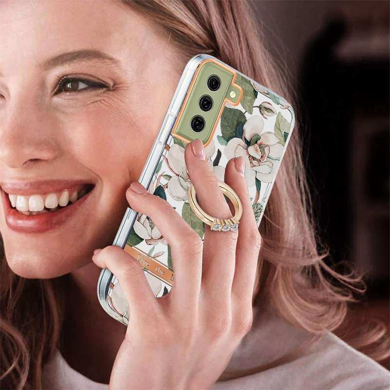 For Samsung Galaxy S21 FE 5G Ring IMD Flowers TPU Phone Case(Green Gardenia)