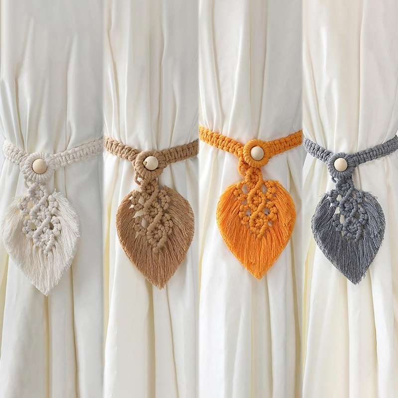 Hand Braided Wooden Bead Curtain Tie Free Buckle Tassel Tie Rope 13x40cm(Coffee)