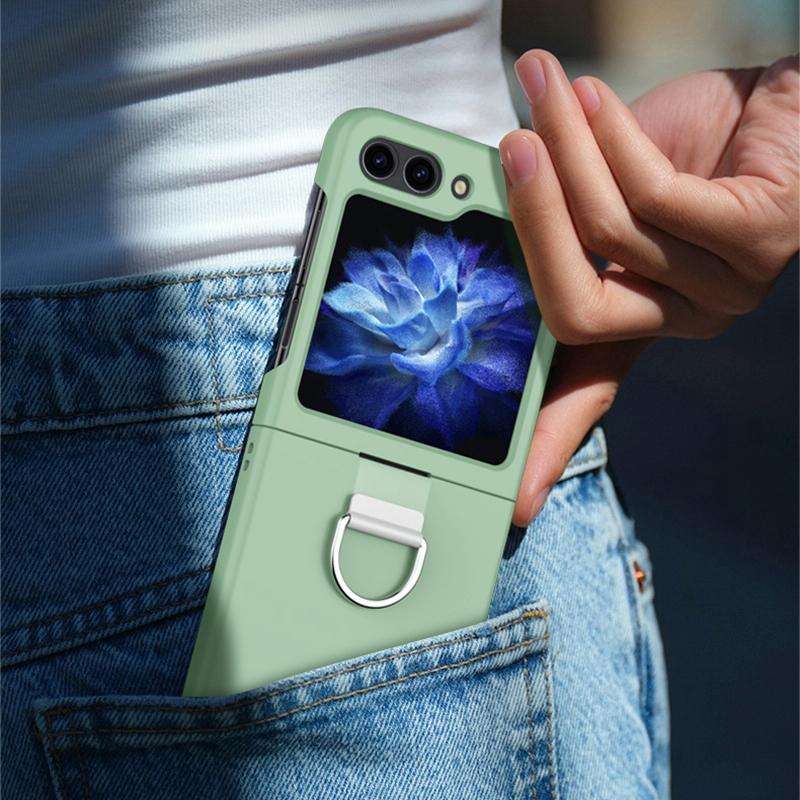 For Samsung Galaxy Z Flip5 Skin Feel Silicone Foldable Phone Case with Ring(Light Green)