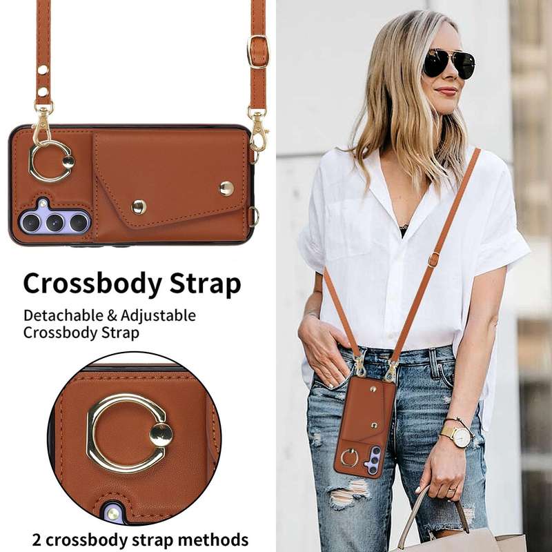 For Samsung Galaxy A54 5G Zipper Card Bag Phone Case with Dual Lanyard(Brown)