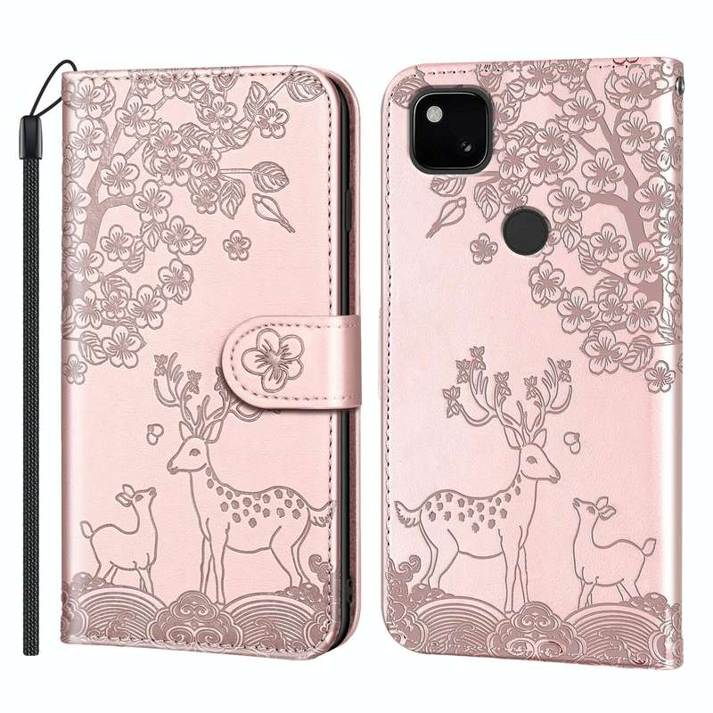 For Google Pixel 4a Sika Deer Embossing Pattern Horizontal Flip PU Leather Case with Holder & Car...