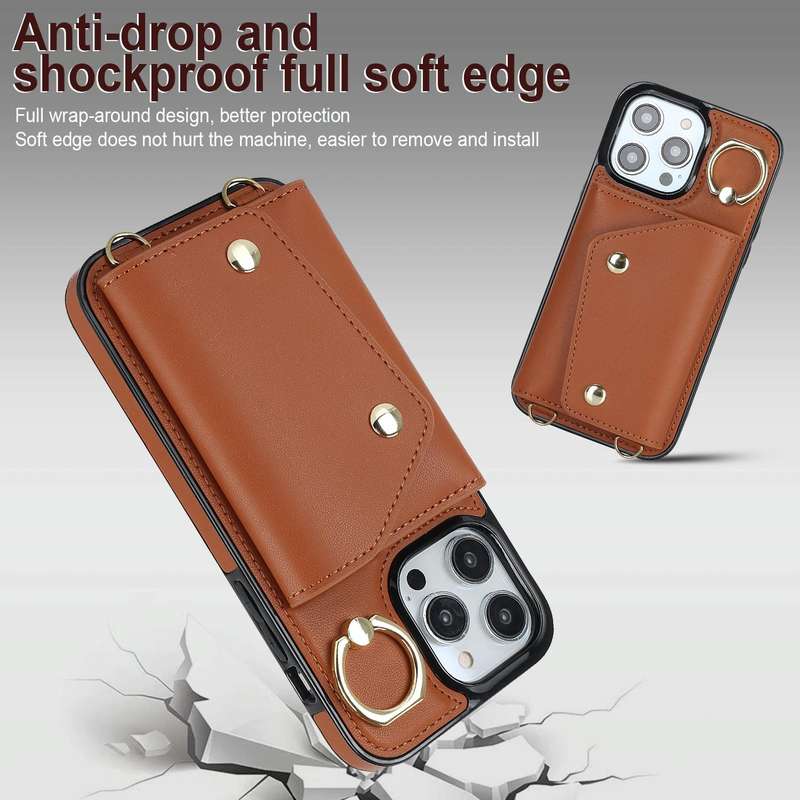 For iPhone 13 Pro Max Zipper Card Bag Phone Case with Dual Lanyard(Brown)