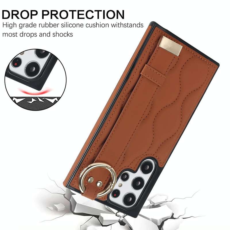 For Samsung Galaxy S22 Ultra Non-slip Full Coverage Ring PU Phone Case with Wristband(Brown)
