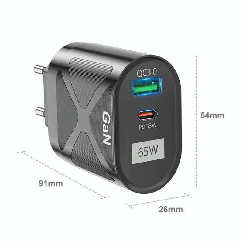 65W GAN PD + QC3.0 Fast Charger Phone Notebook Computer Universal Charging Head, Plug: EU Plug Black