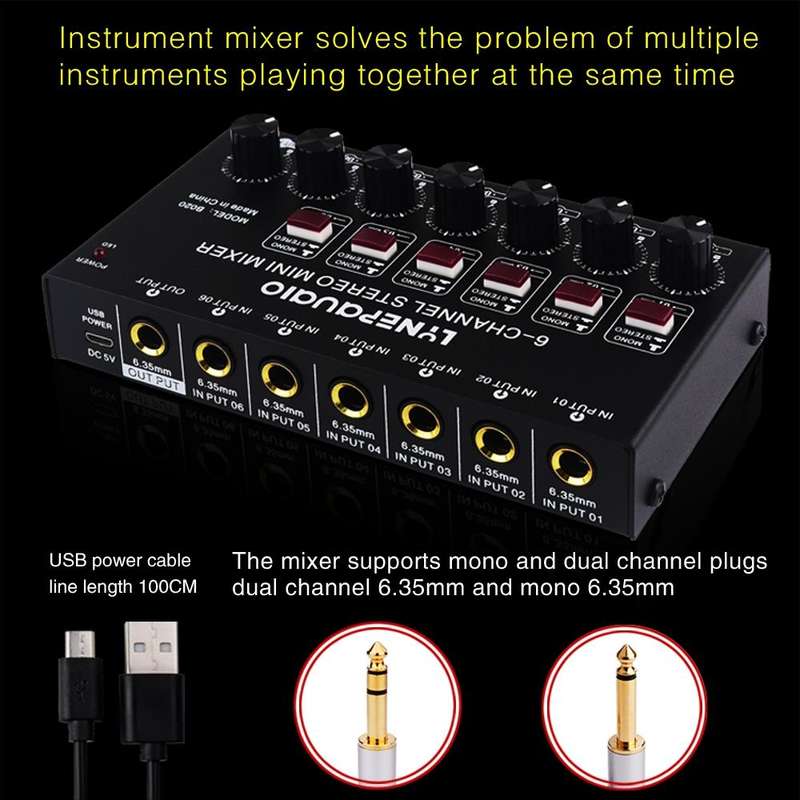 B020 Mini 6-Channel Stereo Audio Mixer Musical Instrument Mixer Electric Wind Electric Guitar Ele...
