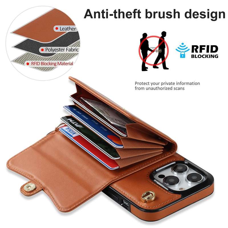 For iPhone 14 Pro Max RFID Card Slot Phone Case with Long Lanyard(Brown)