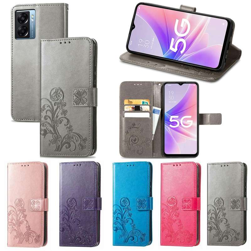 For OPPO A57 5G Four-leaf Clasp Embossed Buckle Leather Phone Case(Rose Red)